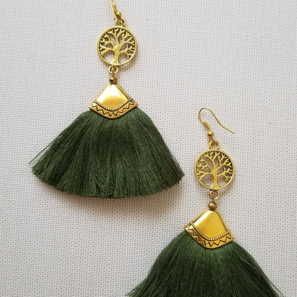New Elegant Gold and Green Tree of Life Tassel Fan Earrings